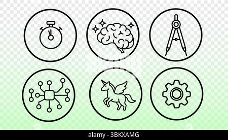 Les illustrations vectorielles de style de ligne incluent l'équipement licorne de chronomètre de cerveau. Concept innovation enfants éducation logique fantaisie jeux de mémoire créativité. École Illustration de Vecteur