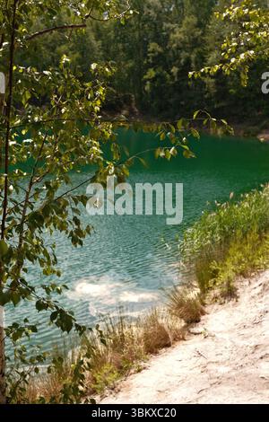 Lac turquoise encadré de feuilles de bouleau Banque D'Images