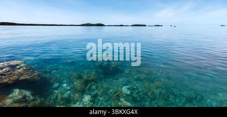 Une vue sereine des eaux bleues claires révélant le monde sous-marin, avec des îles lointaines parsemant l'horizon sous un ciel lumineux. Banque D'Images