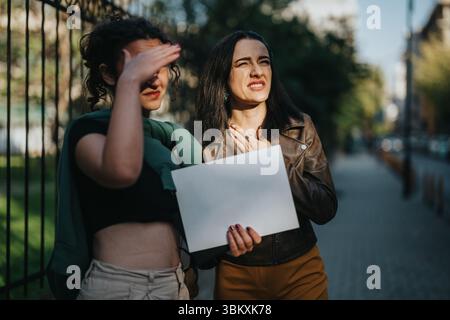 Deux femmes protégeant leurs yeux de la lumière du soleil dehors tenant un document Banque D'Images