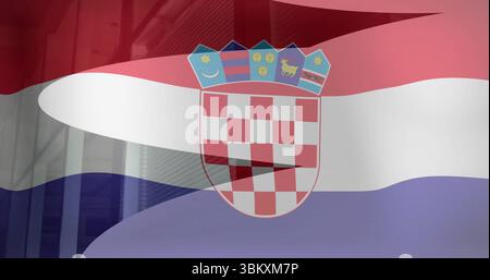 Brandissant le drapeau national croate armoiries flottant dans la ville, avec un reflet de façade en verre Banque D'Images