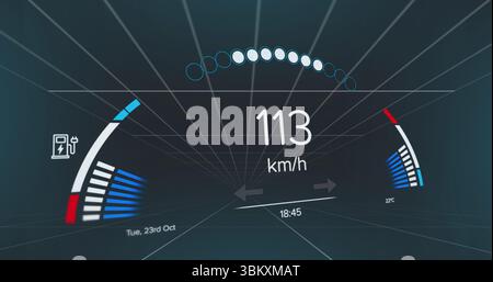 Affichage du HUD du cockpit indiquant la vitesse, la jauge de charge, la jauge de température et les indicateurs circulaires Banque D'Images