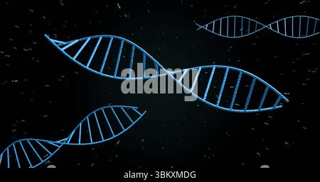 Modèle à double hélice d'ADN central bleu flottant dans un vide numérique sombre, avec des particules verdâtres luisantes Banque D'Images