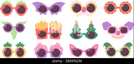 Lunettes de fête drôles. Lunettes de carnaval différentes, lunettes pour anniversaire, noël et nouvel an, festival de restauration rapide. Accessoires excentriques, ensemble vectoriel racy Illustration de Vecteur