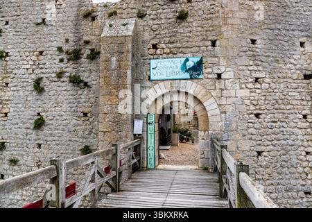 Entrée au parc d’expositions ornithologiques dans le complexe médiéval du château de Chauvigny (Nouvelle-Aquitaine, France) : un pont-levis en bois passe par un arc rond roman ; un panneau au-dessus de la porte annonce le « spectacle oiseaux vol libre ». Dans la haute-ville de Chauvigny, des expositions en vol libre mettant en vedette des oiseaux de proie et des oiseaux sauvages ont lieu quotidiennement parmi les ruines du Château Baron Banque D'Images