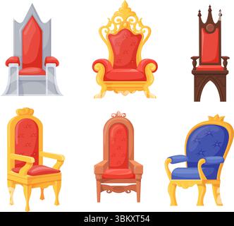 Trônes royaux de dessins animés. King chaise queen trône empereur siège antique fauteuil de luxe médiéval Royaume jeu de conte de fées objet de royauté ancien château prestige, illustration vectorielle soignée illustration originale Illustration de Vecteur