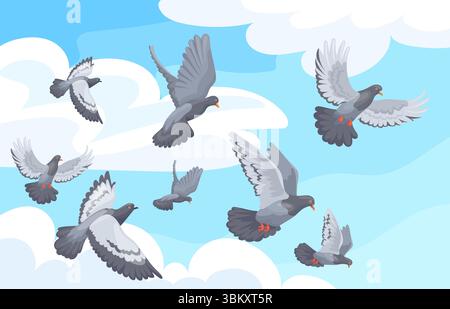 Les pigeons affluent. Groupe de colombes volantes dans le fond de bande dessinée de ciel bleu, nuage de pigeon nature de paysage extérieur d'oiseaux de ville plumes concept de liberté, illustration vectorielle soignée illustration originale Illustration de Vecteur