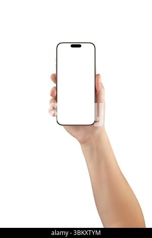 Smartphone de main femelle avec écran blanc, isolé sur fond blanc. Parfait pour l'interface utilisateur mobile, les aperçus d'applications et la conception de produits Banque D'Images