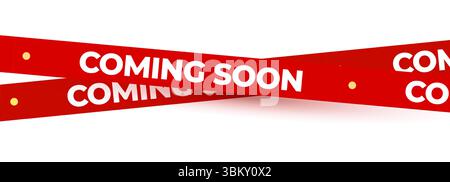 Bientôt disponible Red Banner Tape Stripe pour ouverture de boutique, lancement de soldes, avis de vente au détail, publicité de magasin, teaser de campagne, arrivée des produits, mise en page marketing. Produit Illustration de Vecteur