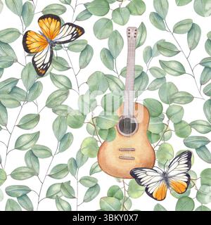 aquarelle modèle sans couture avec guitare acoustique, papillons flottant, et branches d'eucalyptus arrière-plan isolé. Instrument de musique à cordes Banque D'Images