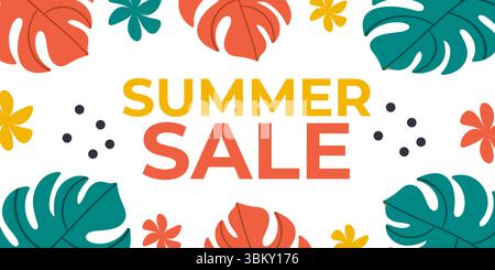 Soldes d'été. Bannière avec feuilles de monstera, motif tropical, couleurs vives. Éléments verts, rouges et jaunes. Illustration vectorielle. Illustration de Vecteur