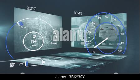 Affichage du tableau de bord de voiture hologramme dans le vide sombre, avec jauge de puissance ou d'économie, indicateur de vitesse et icône de batterie Banque D'Images