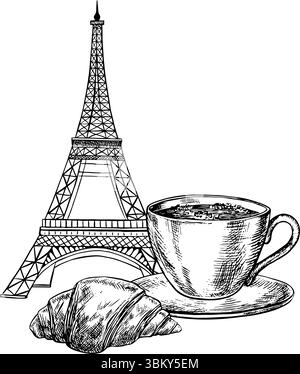 Une tasse de café et un pain croissant français sur le fond de la Tour Eiffel. Illustration vectorielle dessinée à la main en noir et blanc. Sur un blanc Illustration de Vecteur