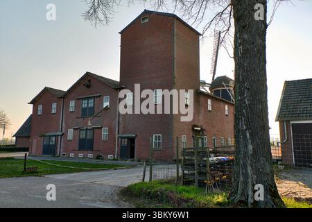 28 mars 2025 - Miste-pays-Bas : vue sur l'usine d'alimentation historique de Meenkmolen avec la partie supérieure du moulin à vent adjacent visible derrière le bâtiment Banque D'Images