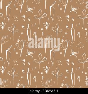 Motif d'épices sans couture avec des piments et des herbes sur fond brun chaud dans un style linéaire minimal dessiné à la main Illustration de Vecteur