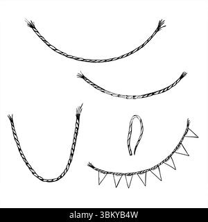 Ensemble vectoriel de cordes de ficelle et de drapeaux de banderole pour guirlandes festives peintes par des encres noires. Cordes monochromes pour les décorations de vacances, les projets d'artisanat de bricolage Illustration de Vecteur