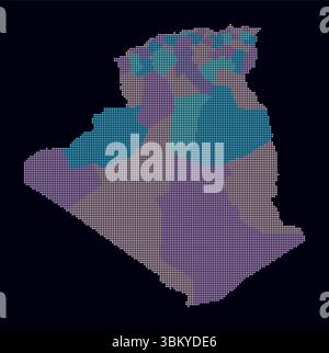 Carte en pointillés de l'Algérie. Carte de style numérique du pays sur un fond sombre. Forme algérienne avec des points carrés. Style de points colorés. Carrés de petite taille. Illustration de Vecteur