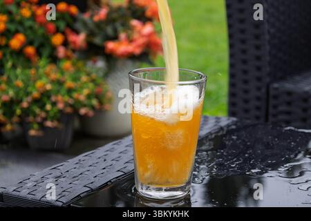 Plein cadrage fixe d'une bière se versant dans un verre. Une vitesse d'obturation plus rapide montre le mouvement dans la prise de vue Banque D'Images