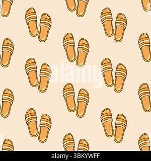 Modèle d'été sans couture avec des pantoufles à rayures jaunes sur fond beige. Chaussures d'été. Fond de vecteur de style de dessin animé. Illustration de Vecteur