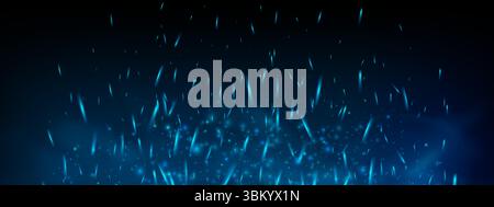 Feu bleu et fumée incandescente avec des étincelles de braises et un néon froid. Fond abstrait foncé avec brouillard, vapeur et brume. Jeu de fantaisie, élément magique ou papier peint vectoriel 3D effrayant. Illustration de Vecteur