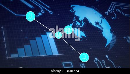 Affichage de cinq nœuds d'icône utilisateur cyan sur le tableau de bord de la grille avec ligne de connexion, barres et globe Banque D'Images