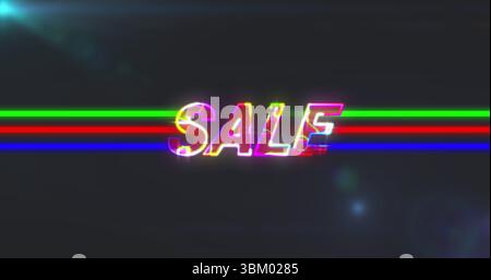 Texte de VENTE au néon glitching dans un environnement graphique numérique sombre, avec des rayures RVB et des reflets de lentille Banque D'Images