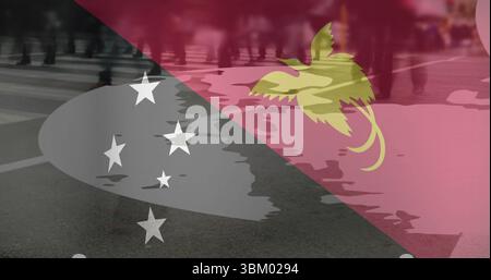 Piétons marchants portant un Jean traversant une traversée asphaltée zébrée, avec un drapeau PNG superposé Banque D'Images