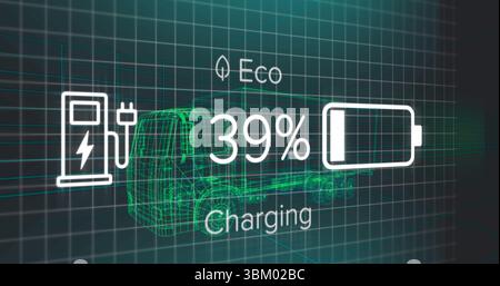 Chariot électrique filaire en charge dans la grille, avec icône Eco affichant une icône de batterie à 39 % et une icône de station Banque D'Images