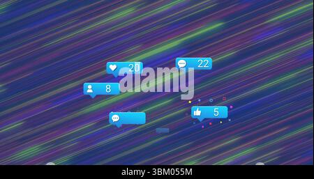 Compteurs de médias sociaux flottants se déplaçant sur des scènes de néon, avec des icônes bleues avec compteurs Banque D'Images
