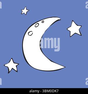 Illustration dessinée à la main de la lune et des étoiles dans le style doodle à l'encre noire. Illustration de Vecteur