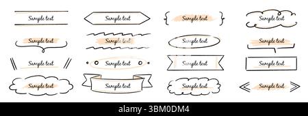 Boîte de texte jeu de bannières de titre de cadre dessiné à la main. Bannière de ligne de doodle dessinée à la main, éléments de forme mémo d'étiquette de ligne de ruban. Titre de zone de texte de trait de marqueur de conception mignon, décoration de titre. Illustration vectorielle Illustration de Vecteur