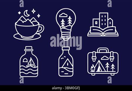 Destinations de rêve : une collection fantaisiste d'icônes de voyage Line Art Illustration de Vecteur