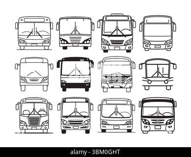 Collection de diverses illustrations d'art de ligne de vue de face de bus. Dessin au trait noir et blanc de différentes conceptions avant de bus. Illustration de Vecteur