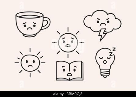 Une illustration minimaliste montrant une collection d'icônes émotives, y compris une tasse triste, un nuage en colère, et plus encore, qui transmettent des sentiments et des humeurs à travers Illustration de Vecteur