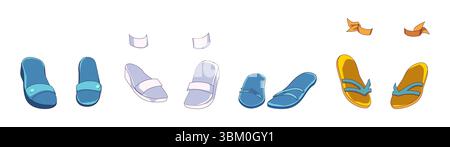 Illustration de diverses sandales dans des couleurs ludiques sur un fond blanc. Représentant différents styles et designs adaptés aux vêtements décontractés ou de plage. Illustration de Vecteur
