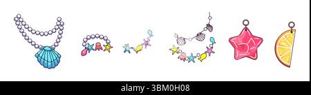 Ensemble de bijoux de style dessin animé avec coquillages, étoiles et motifs de fruits. Les couleurs vives rendent chaque pièce unique. Parfait pour les accessoires d'été et pl Illustration de Vecteur