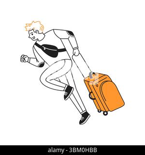 Illustration de dessin animé d'un homme courant avec une valise orange. Il semble énergique et aventureux. Le style est simple avec des contours audacieux sur b blanc Illustration de Vecteur