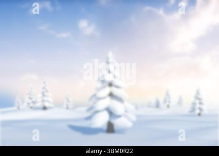 Scène hivernale avec des conifères enneigés sur des collines ondulantes sous un ciel pastel, design plat Banque D'Images