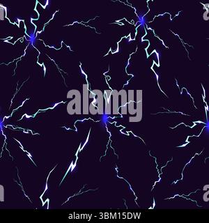 La foudre bleue Wuthering contre le motif sans couture du ciel sombre. Impact de l'électricité. Thunderbolt Dazzle clignote. Impression répétée. Alimentation électrique Illustration de Vecteur