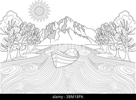 Dessin au trait détaillé d'une scène de paysage approprié pour une page à colorier ou une illustration. Un bateau solitaire repose sur une rivière avec une vague abstraite unique Illustration de Vecteur