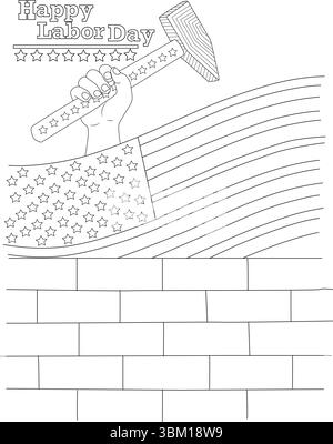 Illustration de dessin au trait noir et blanc célébrant la fête du travail. L'image montre une main saisissant fermement un marteau, symbolisant le travail et l'indust Illustration de Vecteur
