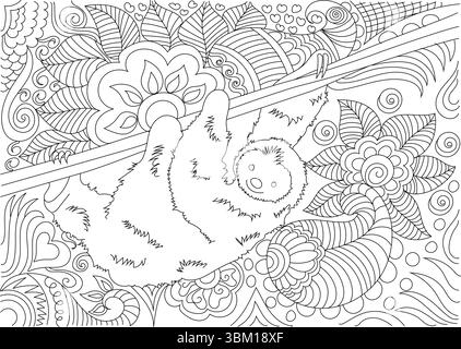 Illustration détaillée d'art au trait noir et blanc avec un paresseux mignon suspendu à une branche. L'arrière-plan est rempli de motifs complexes de congés Illustration de Vecteur