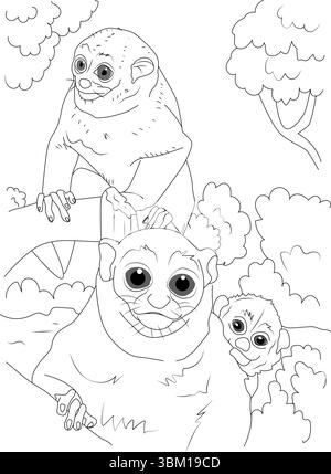 Illustration détaillée de dessin au trait noir et blanc représentant un petit groupe de bushbaby (galagos) reposant dans les branches d'un arbre. L'image présente t Illustration de Vecteur