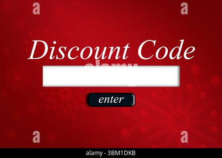 conception plate montrant l'entrée de code de réduction et le bouton d'entrée sur fond dégradé de motif de flocon de neige rouge Banque D'Images