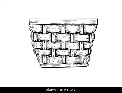 Panier tissé en osier vide sans poignées illustration vectorielle noire et blanche dans un style simple. Croquis dessiné à la main pour pique-nique ou panier de récolte Illustration de Vecteur