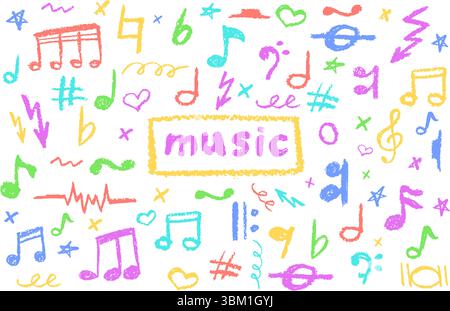 Illustration vectorielle de notes de musique colorées dans le style gribouillage au fusain. Eléments de croquis pop manuscrits sur blanc pour des conceptions d'école avant-gardistes. Mignon Illustration de Vecteur