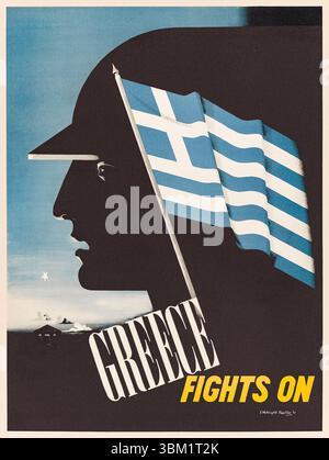 La Grèce combat sur l'affiche de 1942 de l'artiste américain Edward McKnight Kauffer (1890-1954) montrant la tête d'un soldat de profil, avec un drapeau grec flottant au premier plan. Commandé par le Bureau grec de l'information aux États-Unis pendant la seconde Guerre mondiale pour rallier le soutien à la résistance grecque contre l'occupation de l'axe. Photographie d'une affiche originale encadrée de 1942. Banque D'Images
