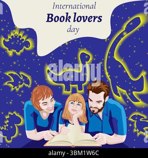 Père, mère et fille lisent le livre. Ciel étoilé magique avec des dinosaures. Journée internationale des amoureux du livre. Gabarit carré. Illustration vectorielle. Illustration de Vecteur
