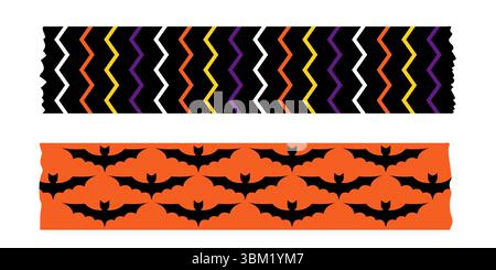 Ruban de masquage Halloween dans des couleurs festives orange violet et noir. Bordures de ruban washi mignon avec des battes d'araignées et des citrouilles. Eléments vectoriels pour Illustration de Vecteur