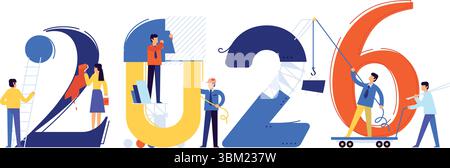 Le personnel du bureau se prépare à rencontrer la nouvelle année 2026. Illustration vectorielle. Les personnages de dessins animés réparent les numéros. L'image est isolée sur fond blanc Illustration de Vecteur